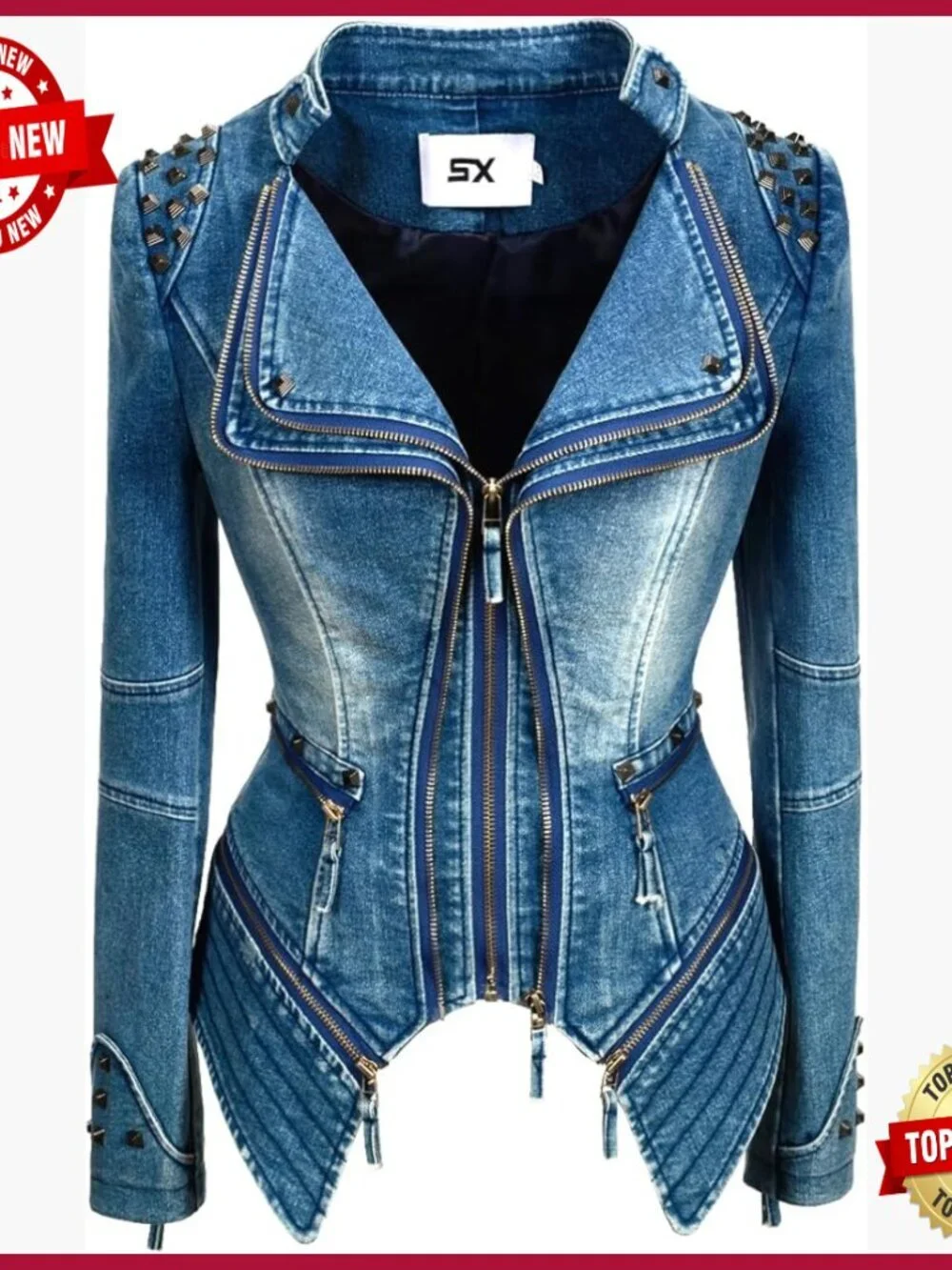 Women's Studded Denim Jacket Punk Motorcycle Dovetail Design Long Sleeve